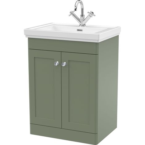 Balterley Swynnerton Traditional Bathroom Floor Standing 2-Door Vanity Unit & Fireclay Basin, Satin Green, 600mm