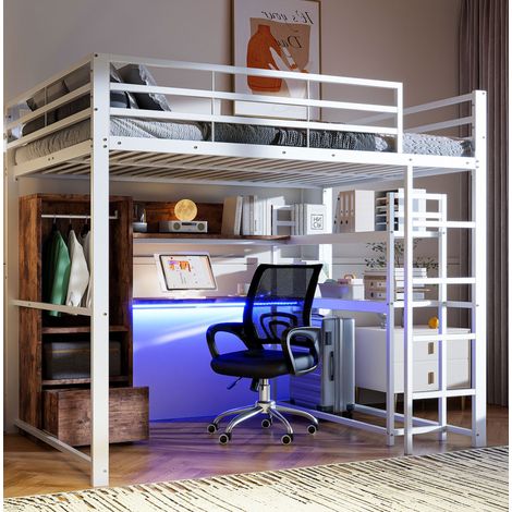 MEUBLIV Hochbett 140x200 cm weiß – LED, Schreibtisch und Stauraum, ohne Matratze (1/5)
