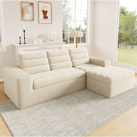 Canapé d’angle modulable 253x161 cm 4 places avec pouf, design sans cadre, usage quotidien, velours côtelé - beige (1/5)