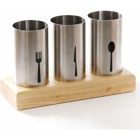 JKWG Porte-couverts Panier à couverts Récipient à couverts en acier inoxydable avec base en bois, porte-couverts pour fourchettes couteaux cuillères, porte-couverts pour Gillen, maison ou restaurants (1/5)