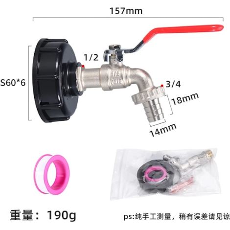 Robinet pour réservoir de 1000 L avec adaptateur pour tuyau d'arrosage, connecteur de robinet IBC S60X6, robinet de jardin pour récupérateur d'eau de pluie. Alliage 1/2 (1/5)