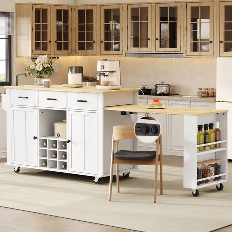 Isola cucina mobile 136(223)x50x93 cm con piano estraibile, 3 cassetti, portabottiglie, prese USB, MDF naturale bianco (1/5)