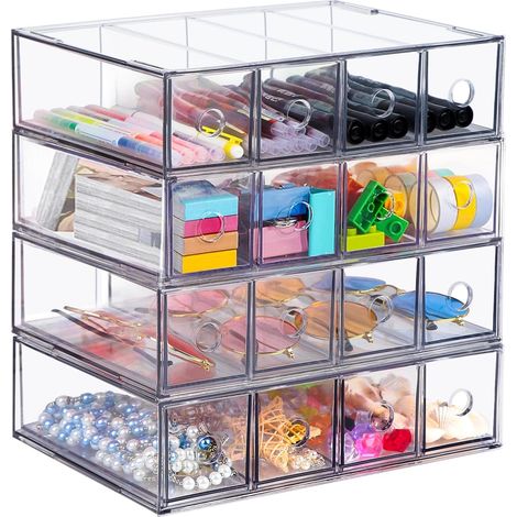 Organiseur à tiroirs 4 pièces avec 16 compartiments Boîte empilable Organiseur de bureau avec tiroir amovible Boîte de rangement multifonction pour papeterie, moelle, bureau, lunette de soleil (1/5)
