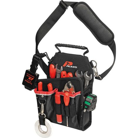 Poche porte-outils avec base d’appui – 2 poches extérieures + élastiques – Grande poche intérieure avec soufflets – Mousqueton antichute – 550NT – Plano
