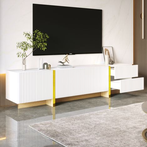 Mueble TV con 3 puertas 2 cajones elegante almacenamiento MDF y tablero de partículas 190x35x45cm color blanco (1/5)