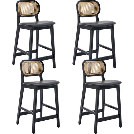 Wahson Lot de 4 tabourets de bar en bois massif avec coussins en cuir PU – Dossier en rotin tressé – Hauteur d'assise 65cm – Pour cuisine et restaurant, Noir (1/5)