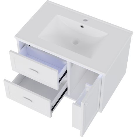 Meuble sous-vasque suspendu pour salle de bain 76x46x51 cm, finition laquée complète, éclairage LED à détection radar, deux tiroirs avec glissières silencieuses, lavabo intégré, couleur blanc