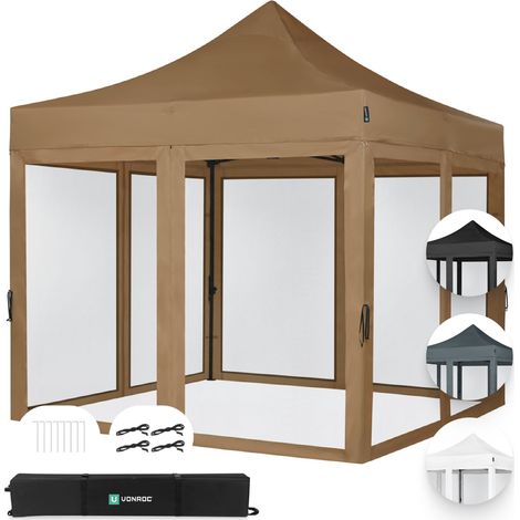VONROC Faltpavillon 3x3 m – Set inkl. Moskitonetz Seitenwände – Modular – Faltbar – Wasserdicht – Stahlrahmen – UV-Schutz 50+ – Mit Aufbewahrungstasche – Beige