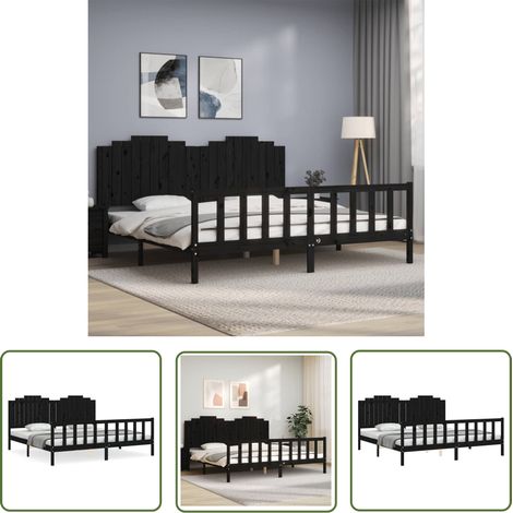 The Living Store Cadre de lit sans matelas noir 200x200 cm bois massif de pin - Cadre De Lit - Lit Double - Lit En Bois - Lit Noir - Meuble Chambre (1/5)