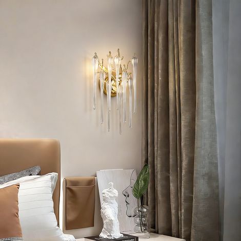 Moderne Wandlampe Gold mit Kristall, Tropfenform, Glasanhänger, E14 2-flammig für Flur, Schlafzimmer und Wohnraum
