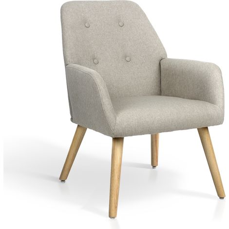 HISPANOHOGAR, Butaca en textil arena con patas en madera natural 81x61x68