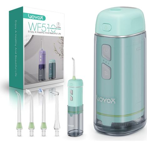 Jet Dentaire Hydropulseur de Voyage, Mini Portable Irrigateurs Sans Fil, Électrique Irrigateur Oral avec IPX7 Étanche et 3 Modes 5 Embouts de Rechange WF510, Vert (1/5)