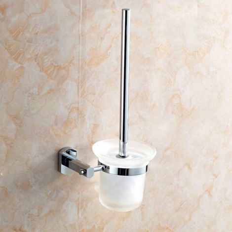 Support mural pour brosse de toilette, finition chromée, verre dépoli, tasse de brosse de toilette (1/5)