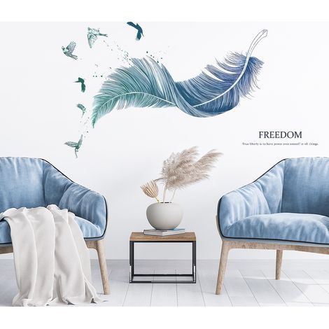Stickers muraux salon PLUME en bleu moderne (30×60 cm) I Stickers muraux chambre adulte salle de bain plume oiseaux I Autocollant mural decoration murale cuisine porte enfant (1/5)