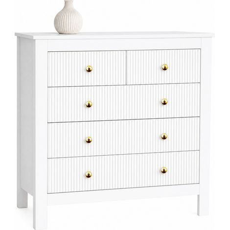 Commode 5 tiroirs blanche avec poignées dorées, surface texturée et pieds renforcés, meuble de rangement pratique pour chambre, salon ou entrée CHICFURN (1/5)