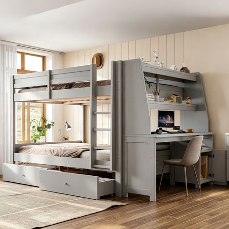 Lit superposé 140x200 cm avec bureau, armoire latérale réversible, étagères, rangements, 2 tiroirs, garde-corps et sommier à lattes, gris (1/5)