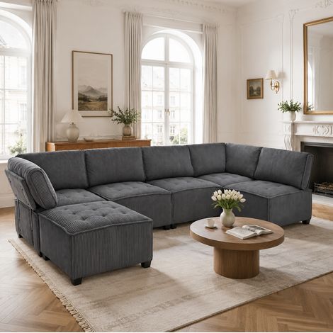 Canapé modulable 6 places en velours côtelé gris, convertible en U ou L avec couchage, poches de rangement, assise ergonomique, structure bois et métal, montage facile - CHICFURN (1/5)