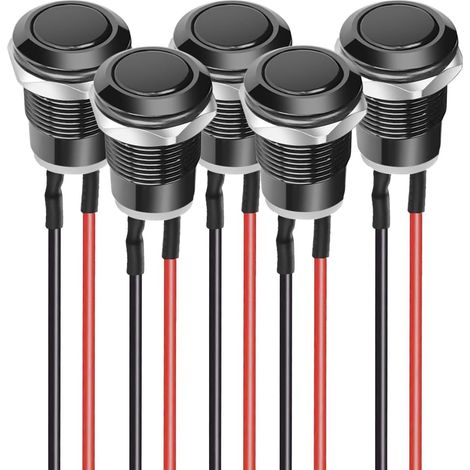 5 pièces Pré-Câblés Momentané Poussoirs Boutons IP65 Étanches en Alliage D'aluminium Marche/Arrêt 12mm 2A 12V/24V/125V/250V AC (Tête Plate) (1/5)