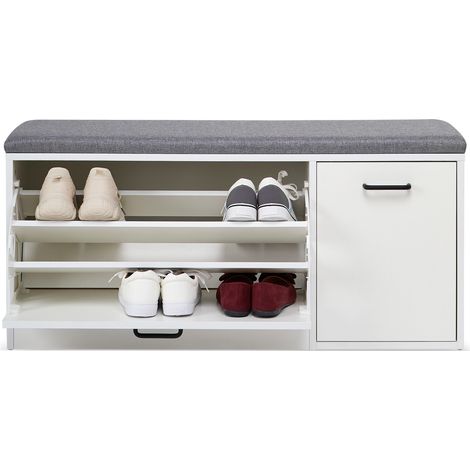 Meerveil – Banc à chaussures en bois blanc – Rangement avec coussin rembourré – 3 compartiments – Dimensions L100 x W30 x H46.5 cm – Capacité 120kg