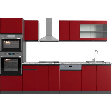 Küchenzeile R-Line, Rot/Anthrazit, 300 cm mit Hochschrank, AP Marmor, Vicco