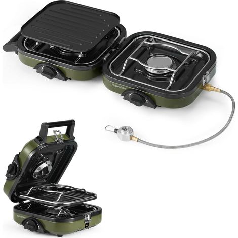 Réchaud à gaz de camping pliable 2 en 1 avec plaque de gril, réchaud à gaz portable, 2 brûleurs réglables, allumage piézoélectrique, compatible avec mélange de carburant isobutane (1/5)