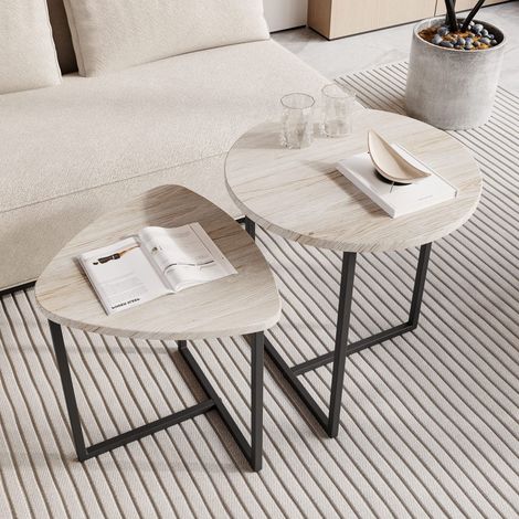 Set de 2 tables basses rondes en bois avec plateau en forme de cœur, design industriel noir mat (1/5)