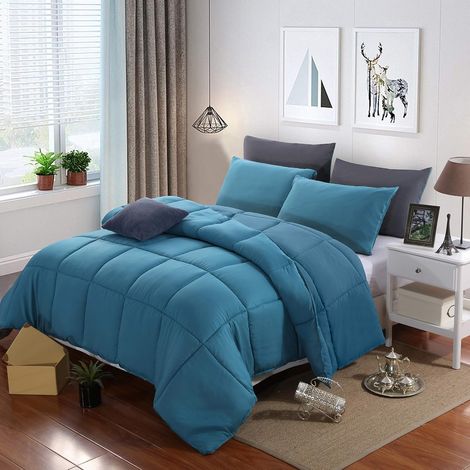 Couette Réversible 4 Saisons 450g/m² Microfibre 220x240 cm Hypoallergénique Bleu Lac Couette Hiver Matelassées Couverture Construction Box-Stitching Edredon Épais 2 Personnes (1/4)