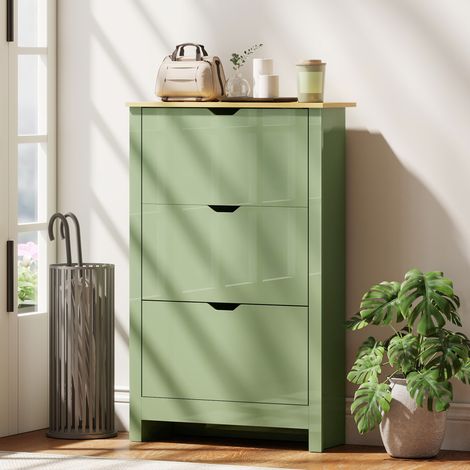 Meuble à Chaussures 18 Paires, Armoire à Chaussures à Haute Brillance, 3 Tiroirs Rabattables, Étagères Réglables, Vert (1/5)