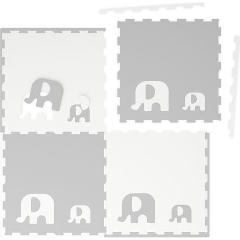 Relaxdays Tappeto Gioco Bambini, 12 Tasselli Puzzle con Elefanti, Tappetino per Gattonare, Tappetone EVA, Grigio Bianco