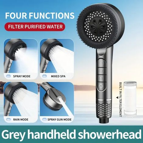 Pommeau de douche filtrant suralimenté (gris) à quatre vitesses avec joint d'étanchéité, accessoire de salle de bain multifonctionnel pour la douche et la maison. (1/5)