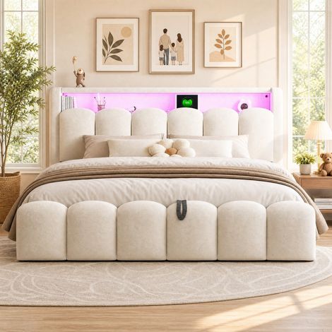 DESMIU Lit Coffre 180 × 200 cm 2 Places avec LED, USB, Type-C et rangements, sans matelas, Beige (1/4)