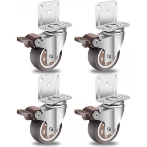 50mm Furniture Casters with 4 Brakes, L-Shaped Mounting Plate, Heavy Duty Rubber Wheels, Set of 4 (1/4)
