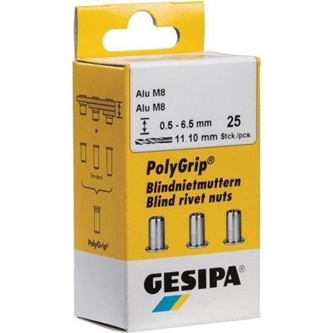 Tuerca remachable acer 11x20mm m8 c/red plana polygrip 25pz