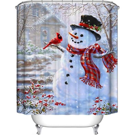 Weihnachtlicher Duschvorhang, Frohe Weihnachten, Schneemann und Kardinäle (1/4)
