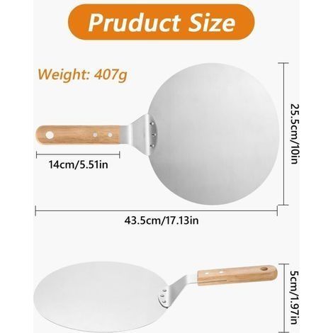 Pizzaschieber, Pizzaschieber aus Edelstahl, runder Pizzaschieber (25 cm Durchmesser) mit Holzgriff und Edelstahlblech, idealer Spatel für Pizza, Brot und Gebäck, silberfarben (1/4)