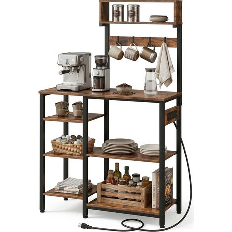 Estantería de cocina Relaxdays con enchufe + USB, 151x82x40 cm, para microondas, madera/metal, marrón/negro