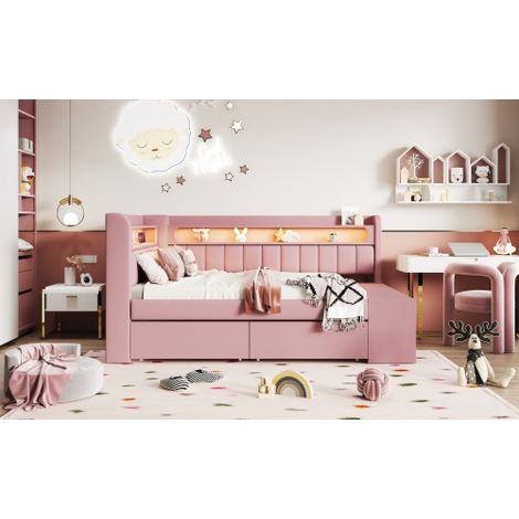 Lit de repos rembourré (90 x 200 cm) avec port USB et bande LED  comprend un meuble à chaussures et deux tiroirs – Rose. (1/5)