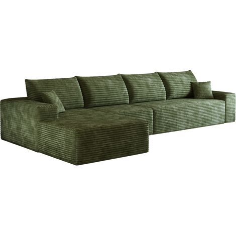 Sofá modular esquinero en L de 340 cm en tejido corduroy verde con chaise longue (1/5)