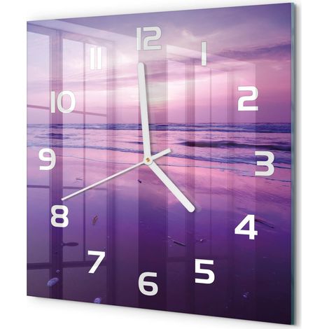 Horloge Murale Carrée Verre Trempé Silencieuse Facile à Lire Design Moderne Mer au coucher du soleil 30x30 cm (1/5)