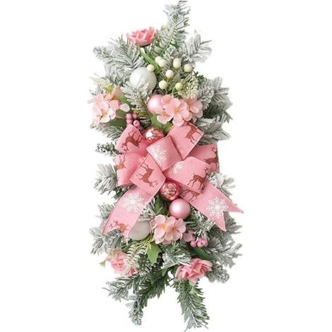 Couronne de Noël artificielle en forme de goutte de 55 cm, grand ruban imprimé, boules de Noël, rose, neige, branches givrées, couronne décorative d'escalier d'intérieur A (1/5)