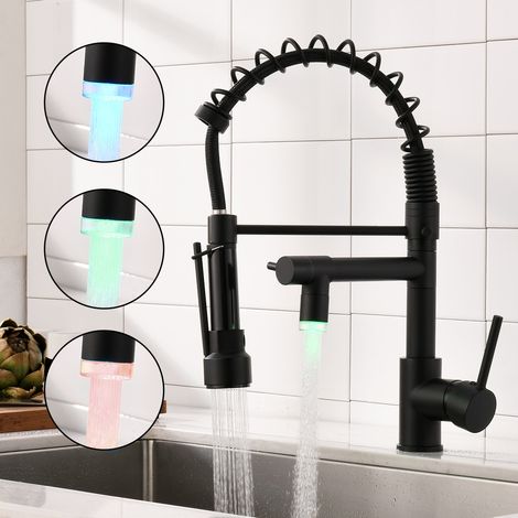 Robinet de cuisine monocommande noir mat à montage sur plage avec douchette extractible (1/5)