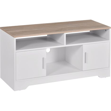 Mobile TV 3 Scomparti 2 Ante 105x40x52 cm per TV fino a 42" in Truciolato Bianco e Legno (1/5)