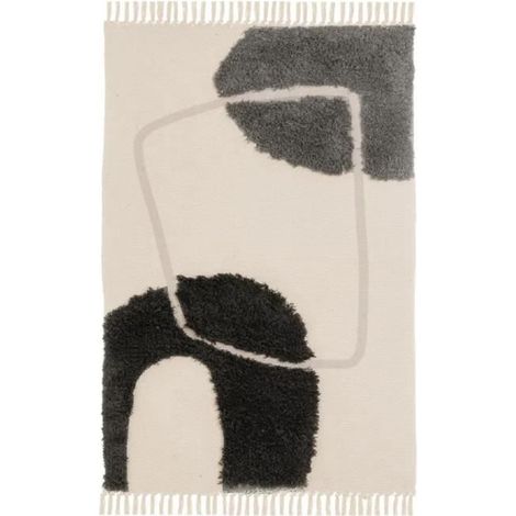 Tapis - JUANIO - 180 x 120 cm - 50% Coton/50% Polyester - Noir‑beige imprimé - Franges et pompons (1/3)