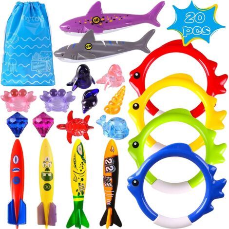 Jouet Piscine 20 Pièces Jouets de Plongée, Jeux Piscine Enfant Jeu Exterieur Enfant Cadeau Garçon Fille 3-12 Ans, Anneaux de Plongée,Torpedo Bandits avec Un Sac, Enfants L'entraînement sous-Ma