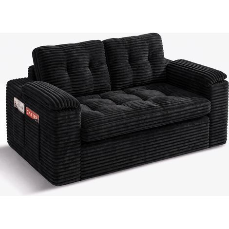 Fabulcozy 2-Sitzer-Sofa ohne Rahmen, tiefe Sitzfläche, gesteppter Cord-Sitzsack, kompakt für Wohnung, Schlafzimmer oder Wohnzimmer, keine Montage erforderlich, waschbarer Bezug (Schwarz)