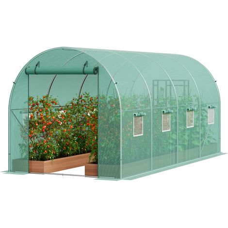 VEVOR Serre Tunnel Jardin, 445x194x192 cm, Tente Abri Plantes avec Cadre en Acier Galvanise, Couverture en PE Verte, Porte a Glissiere Enroulable, 8 Fenetres, pour Exterieur Cultiver Legumes Fleurs