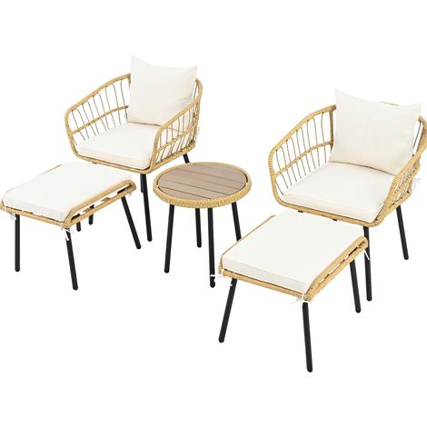 Set da giardino 5 pezzi in rattan bianco e naturale con tavolo, 2 sedie e 2 sgabelli (1/5)