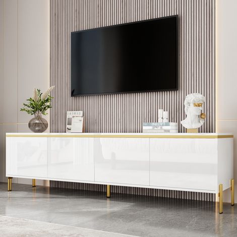 Meuble TV blanc brillant 170 x 38 x 50 cm, 4 portes et passe-câbles HAVRYA (1/5)