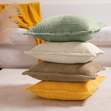 Juego de 4 fundas de cojín cuadradas de pana con diseño de patchwork，verde salvia + amarillo jengibre + marrón + beige，4545 cm (1/5)