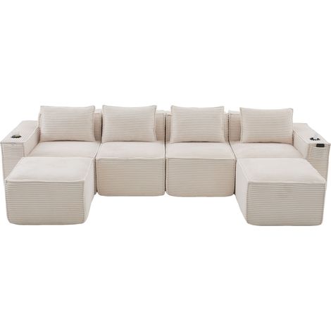Sofá modular de 4 plazas de terciopelo acanalado beige con 2 pufs, portavasos y bolsillos (1/5)